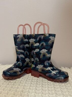 Light up rain boots, western chief, rainbow shower, blue pink glitter, size 5